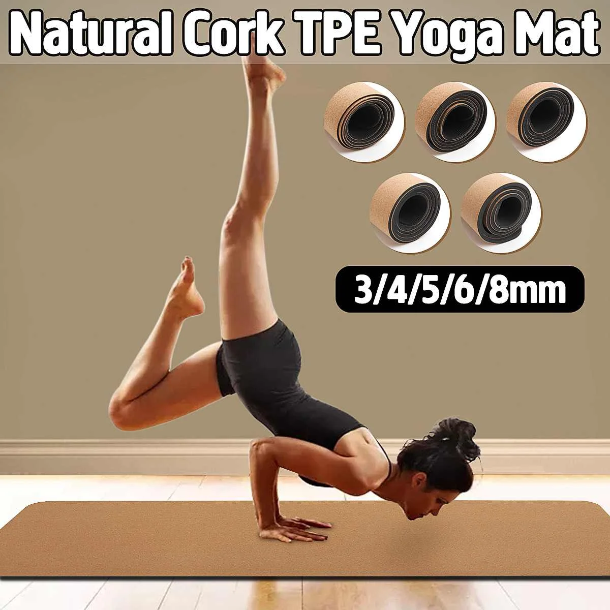 

4/5/6/8 mm Natural Cork TPE Yoga Mat Non-slip Fitness Gym Exercise Sports Absorb Sweat Pilates Pads 183X61cm Yoga Mats
