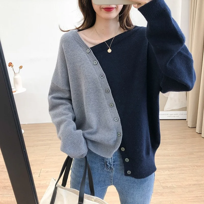 

2021 Autumn knitted irregular cardigan design contrast color long-sleeved sweater female Korean loose sweater womens cardigans