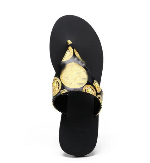 

BONJEAN Printed Black leather Slippers Summer Sexy Flip Flops Beach Wearing Slides High Quality Shoes