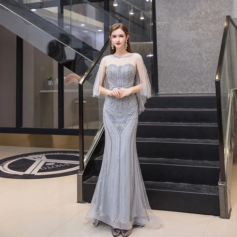

2021 Luxury Rhinestones Gray Mermaid Evening Dress Long Evening Pageant Dresses Pearls Formal Gown robe de soiree