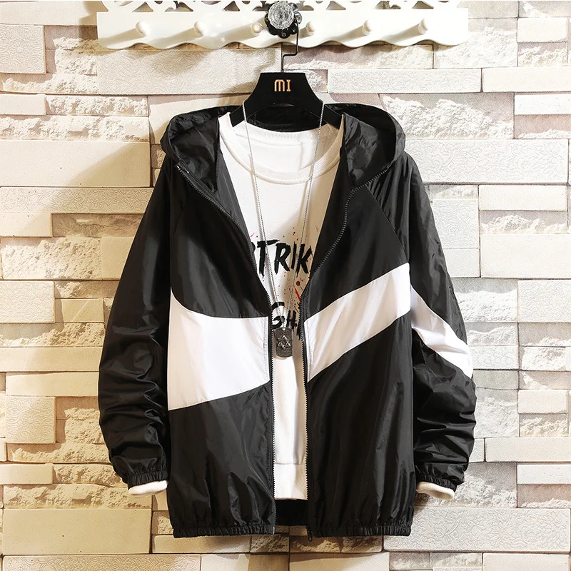 

#7025 Spring Autumn Casual Hooded Coat Men Spliced Color Slim Bomber Jackets Korean Style Mens Streetwear Jackets And Coats Slim