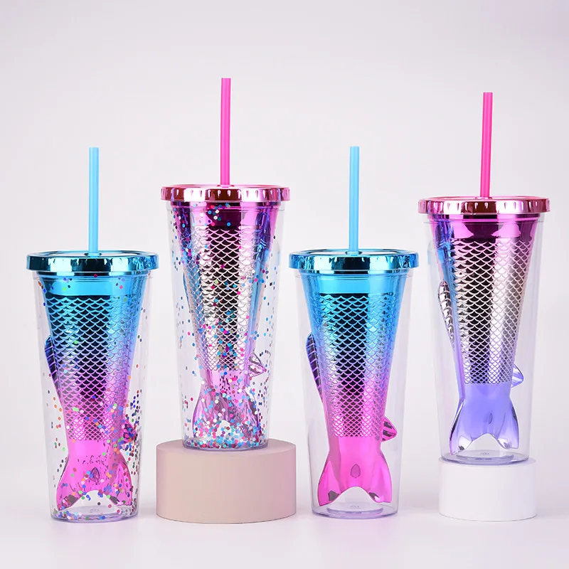 

350ml Mermaid Tail Cup Double-layer plastic straw cup gradient mermaid tail electroplating drink cup Coffee cup water cup