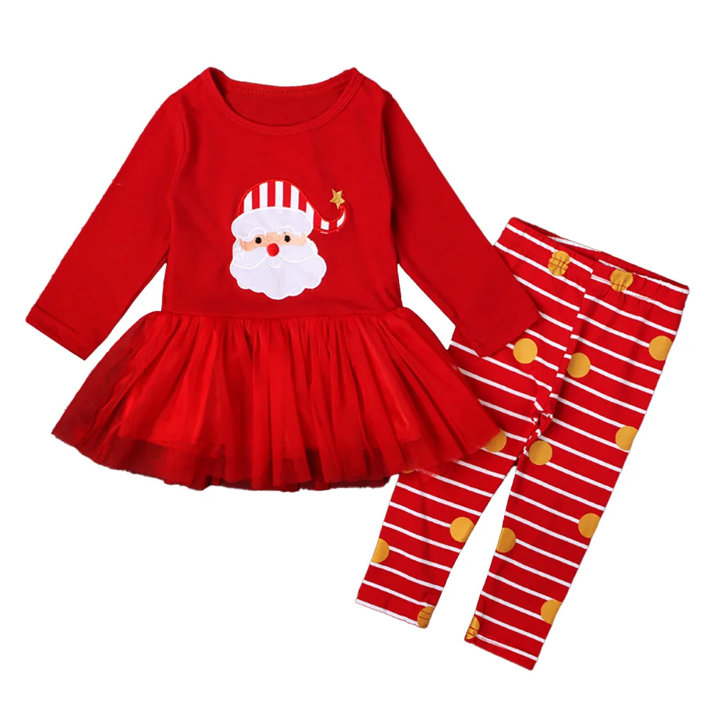 

Christmas Newborn Baby Girls Classic Long Sleeve Embroidered Santa Claus Print Round Neck Pullover Stripe Elastic Waist Pant Set