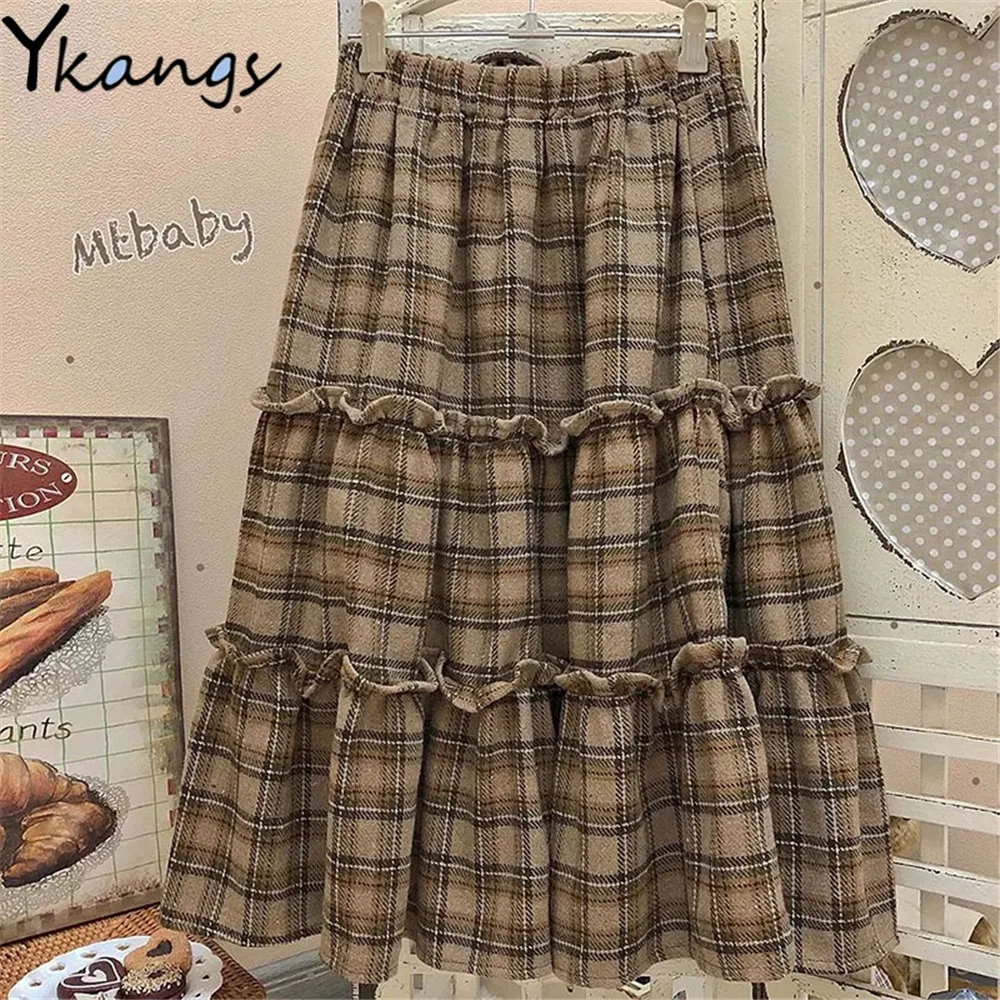 Japanese Vintage Woolen Ruffle Kawaii Plaid Pleated Skirt Women Brown Green High Waist Wild Cake Long Skirt Korean Cute Clothes