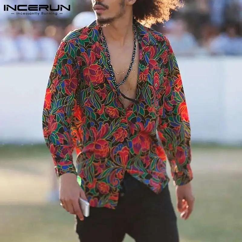 

2021 Printed Men Shirt Long Sleeve Streetwear Turn Down Collar Casual Men Clothing Button Breathable Hawaiian Shirts INCERUN 5XL
