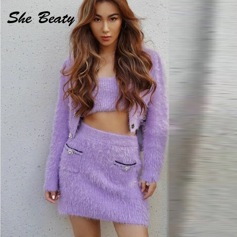 

She Beaty Sweater Cardigan And Mini Skirt Sets Women Single Breasted Elegant Vintage High Street Two Pieces Suit Outfits Clothes