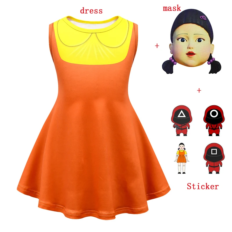 squid game fille 123 soleille Robot Doll Star Cosplay Yellow Girl Dress Halloween Costume For Kids Wooden Man COS Party clothing |