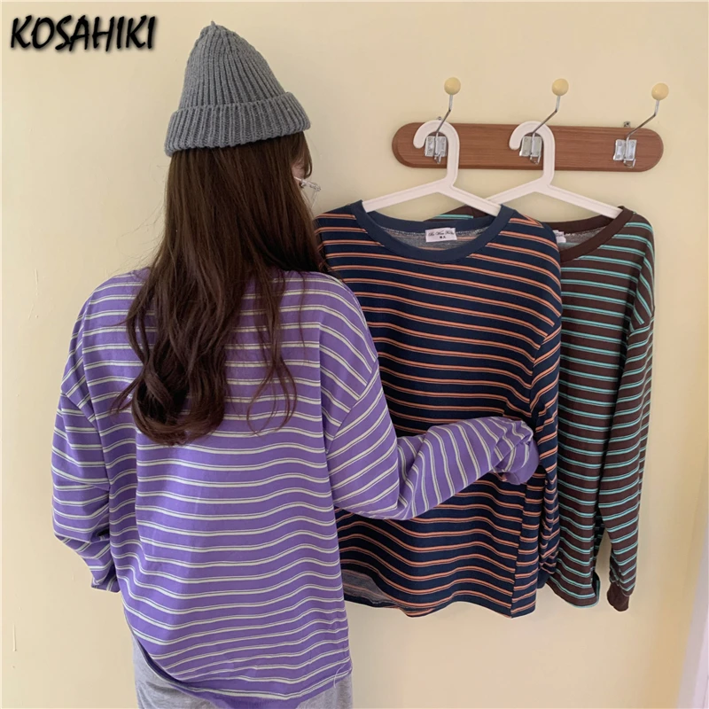 

KOSAHIKI Women Striped Sweatshirts Autumn Winter Round Neck Hip Hop Sweatshirt Pullover Tops Student Loose Stripe Sweatshirts