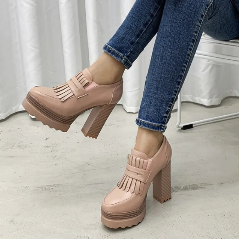 

Fanyuan 2020 Square High Heel Slip on Casual Women Single Shoes Round Toe Fashion Platform PU Leather Ladies Pumps Size 34-42
