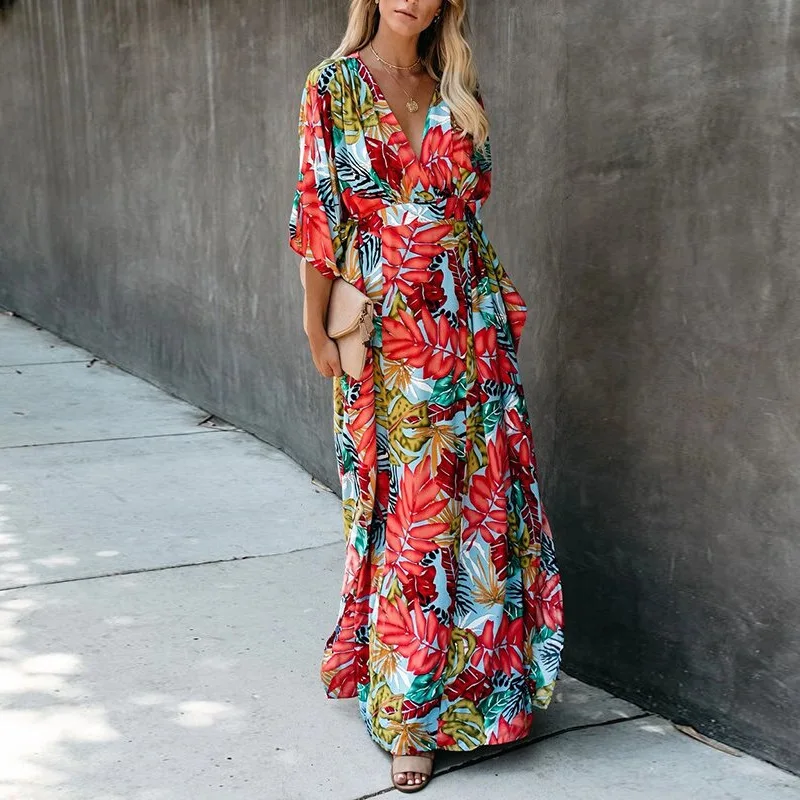 

2021 new women flower printed dress Fashion half sleeve high waist beach maxi dress Spring summer vestidos de festa