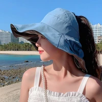 women wide brim ponytail bucket hat summer uv protection sun hats for female fashion bow panama caps empty top visor beach cap