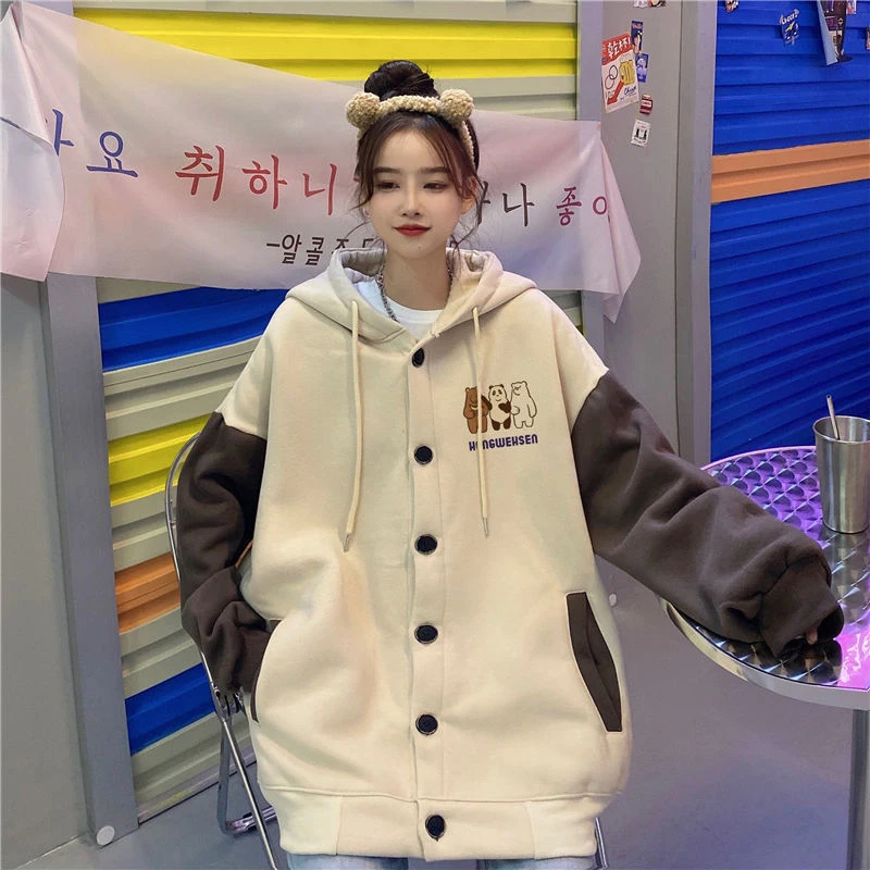 

Super fire student contrast color cardigan sweater women's autumn and winter clothes plus size fat MM sister lazy wind jacket