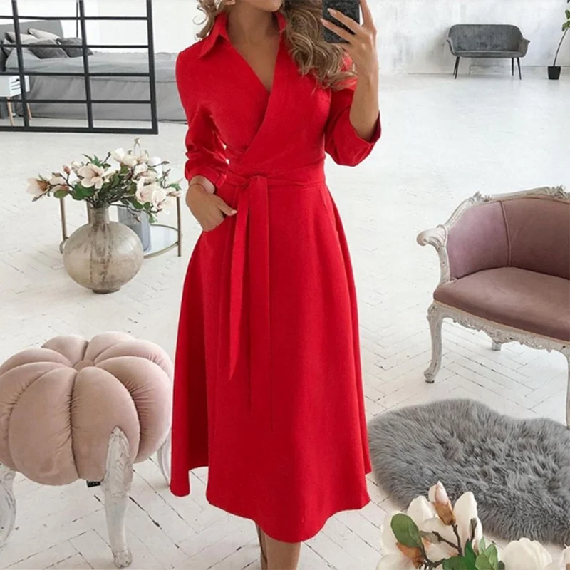 

Loose Long-sleeved Shirt Dress 2022 New Fashion Women's Retro Sexy Solid Color Printed Dress OL Office Sexy Party Long Vestidos
