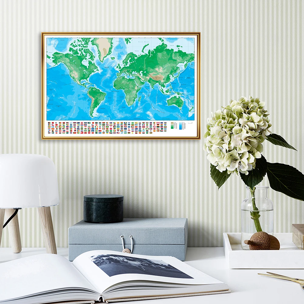 

The World Orographic Map with National Flags 42*59cm Non-woven Canvas Painting Wall Art Poster Unframed Prints Home Room Decor