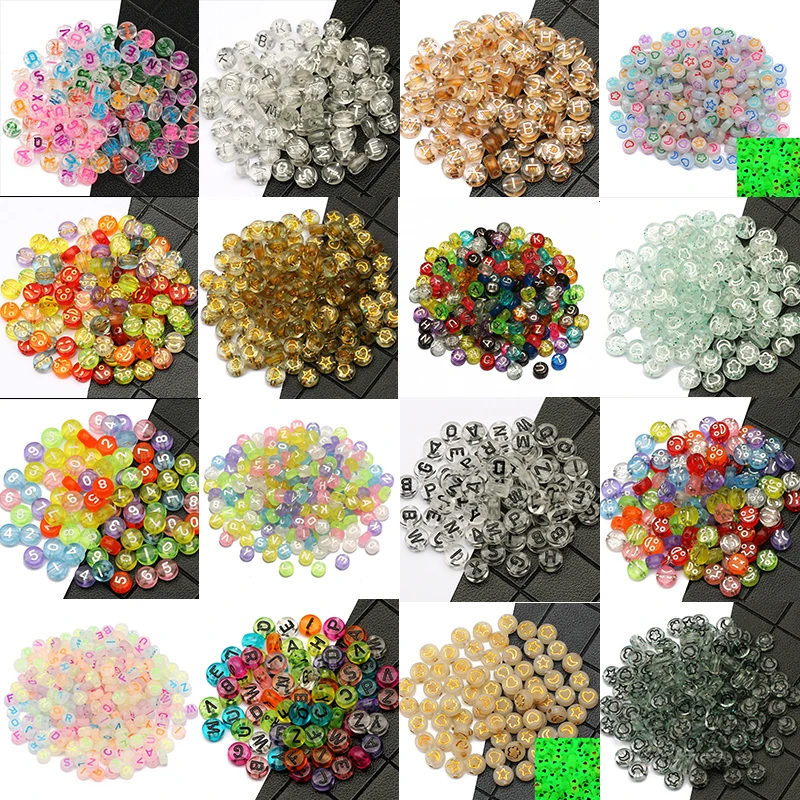 

Mixed 7mm Transparent Letter Acrylic Beads Flat Round Flower Star Number Pattern Loose Beads For Jewelry Making DIY Accessories