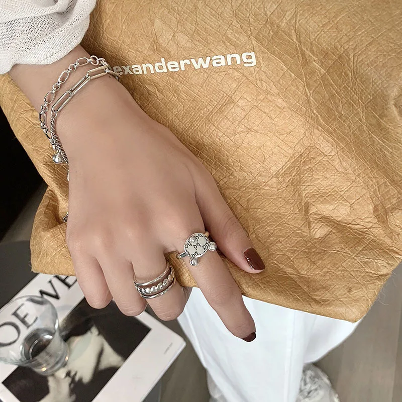 

HKMMH 925 Sterling Silver Korean Style Vintage Geometric Opening Ring Geometric Simple Handmade Weaving Fashion Party Jewelry