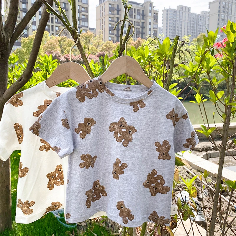 2022 летняя новая детская одежда MILANCEL Корейская Футболка с принтом медведя