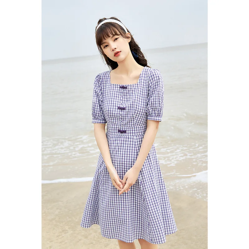 

Платье женское в китайском стиле Pankou, элегантное цельное хлопковое милое пляжное ТРАПЕЦИЕВИДНОЕ с воротником в клетку, на пуговицах, с рукавом до локтя, в стиле ретро, на лето