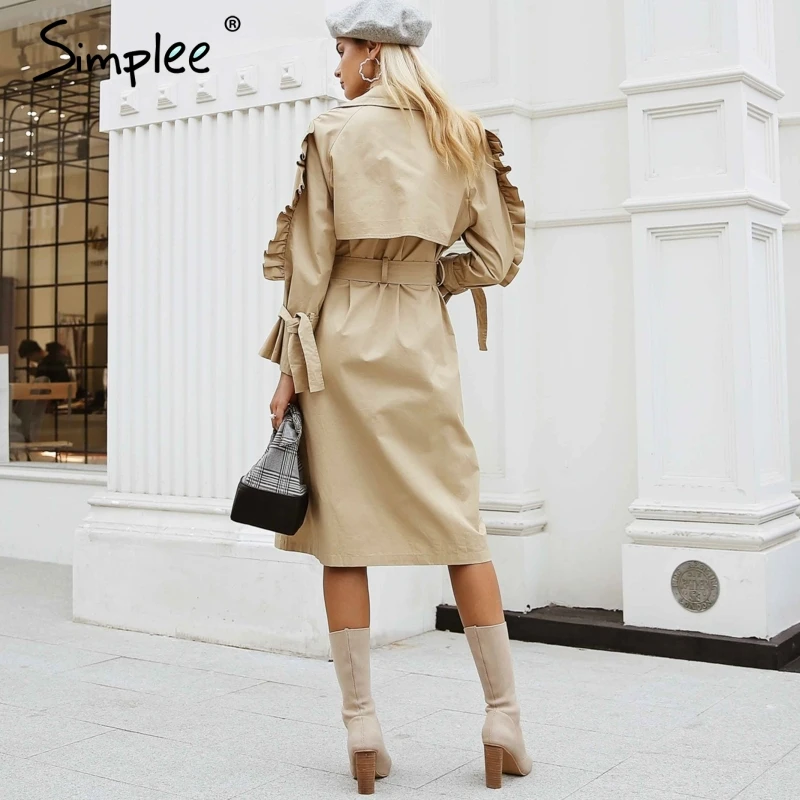 Простой Элегантный длинный Тренч цвета хаки с v образным вырезом женские пальто