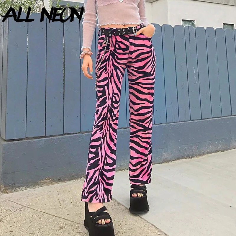 ALLNeon Y2k эстетика розовый Зебра Печать длинные штаны E girl панк стиль средней талии