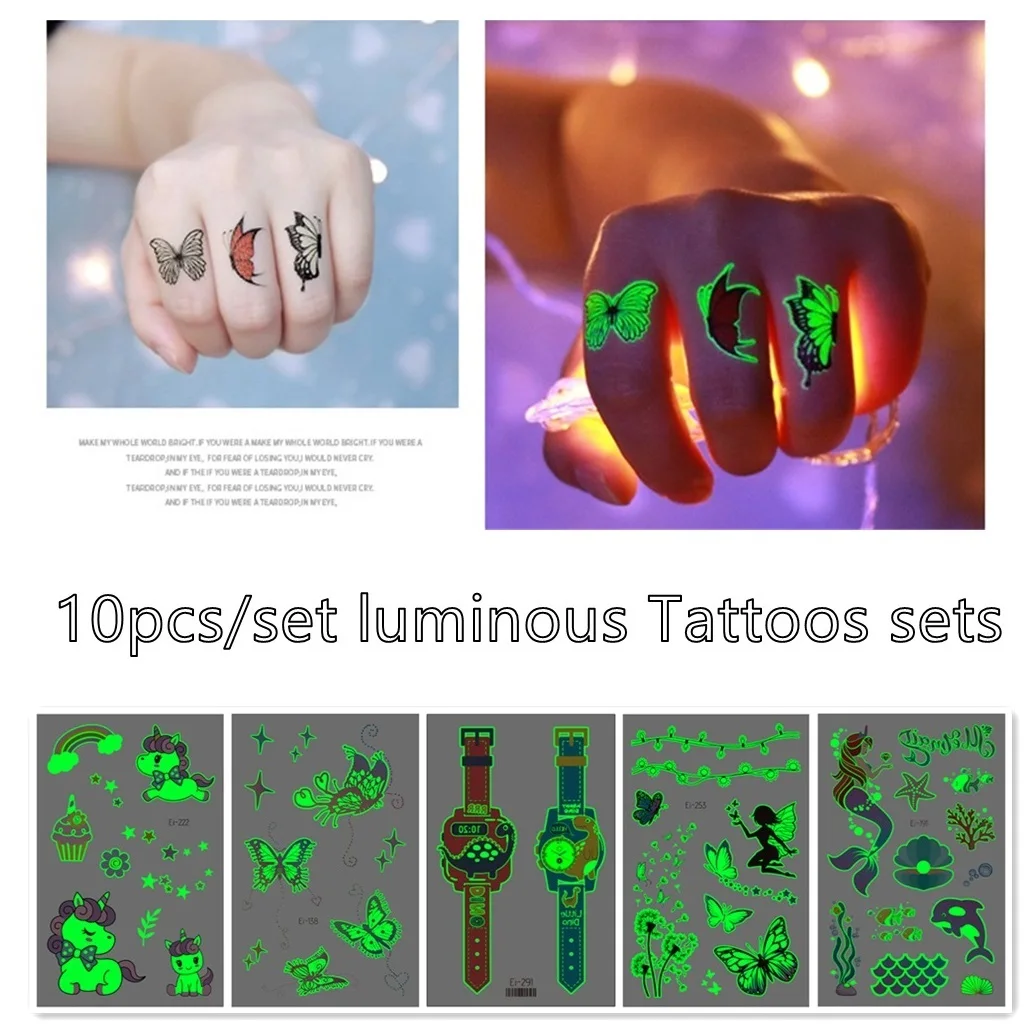 

10pc/set Tattoo Stickers Luminous Man Women Kid Temporary Fake Tattoos Glow Children Body Art Mermaid Sticker Unicorn Christmas