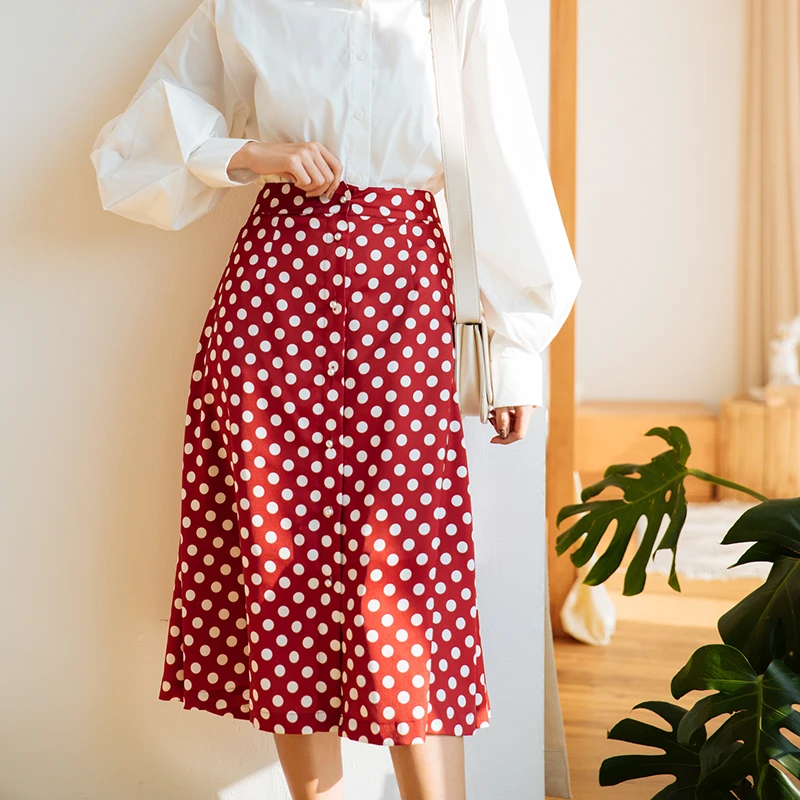 Spring autumn skirt skirts women 2020 fashion vintage red black green dot print high waist a-line skirt mid-long ladies skirts