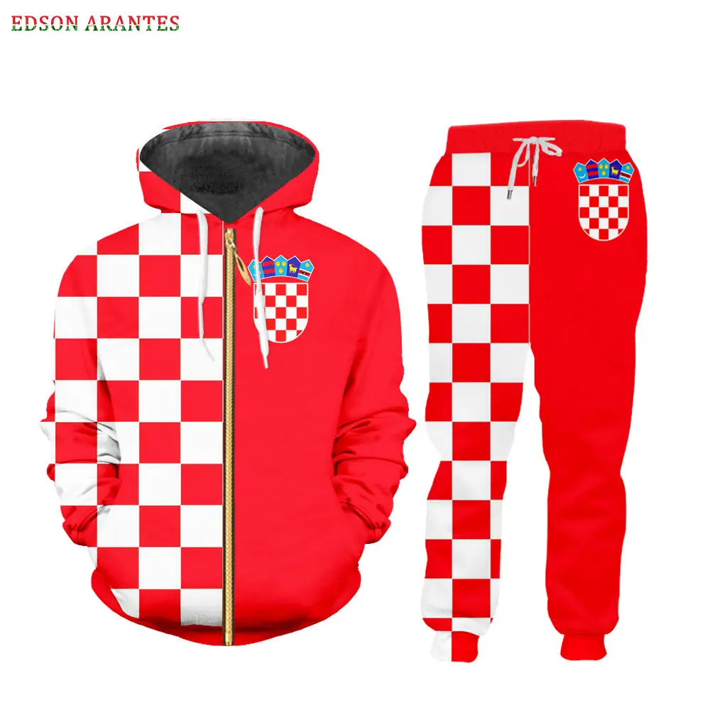 zipper hoodie sets Пользовательские S-6XL флаг Хорватии мужские наборы спортивной одежды Роскошные 3d красные белые сетки печати молнии куртки с капюшоном футболка майка бегунов Брюки - Цвет: zipper hoodie sets