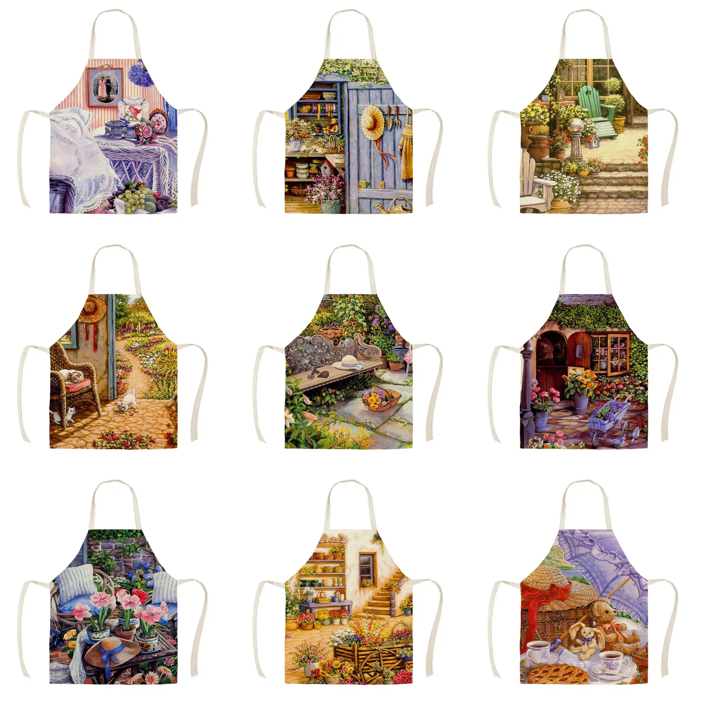 Фартук для дома кухонный льняной с рисунком масляной живописи в пасторальном