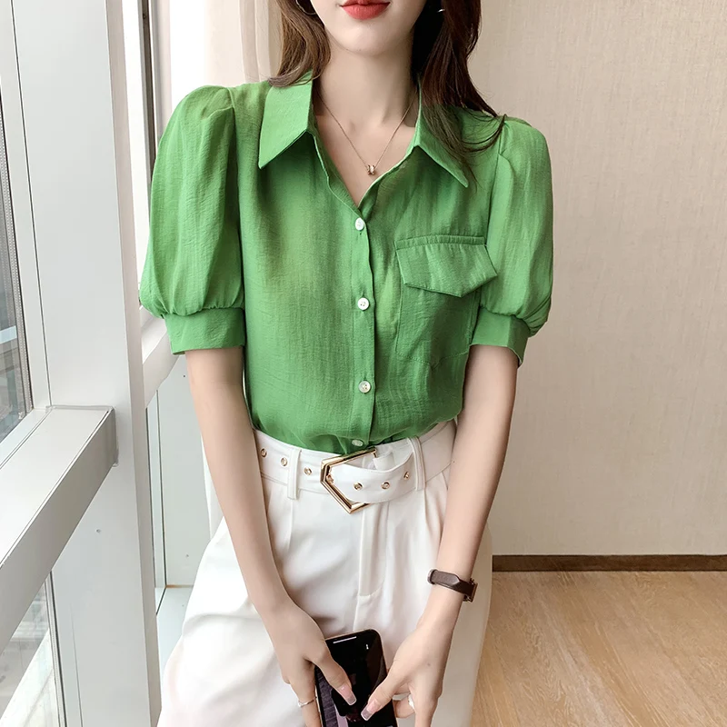 

Turn Down Collar Short Sleeve Summer Women Blouses and Shirts White Tops