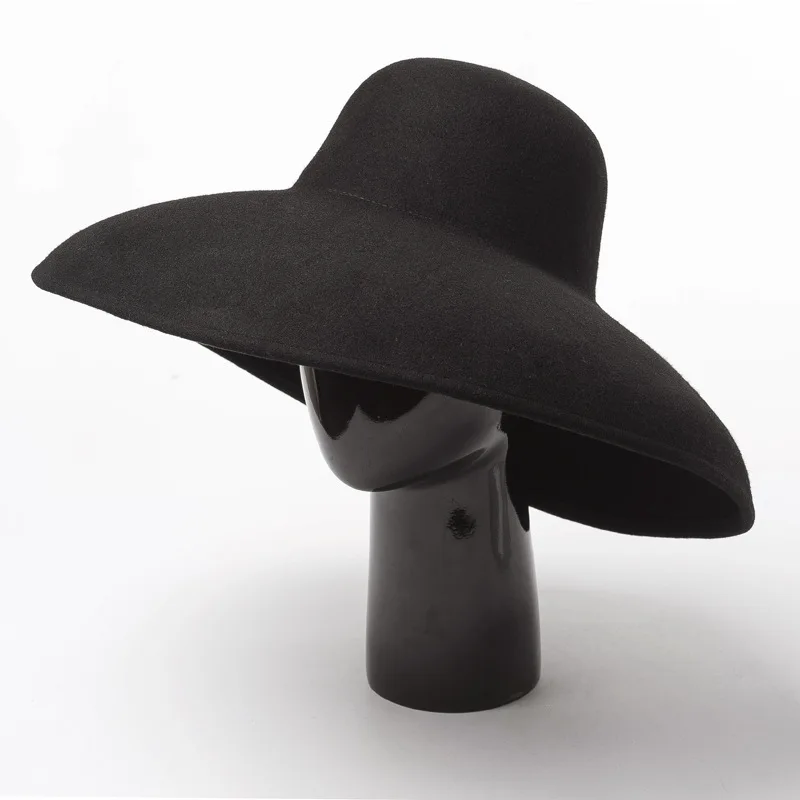 New Winter Warm Wool Catwalk Model 16cm Brim Leisure Hepburn Sun Cap Women Outdoor Hat Designer Custom Style Black Church Hat