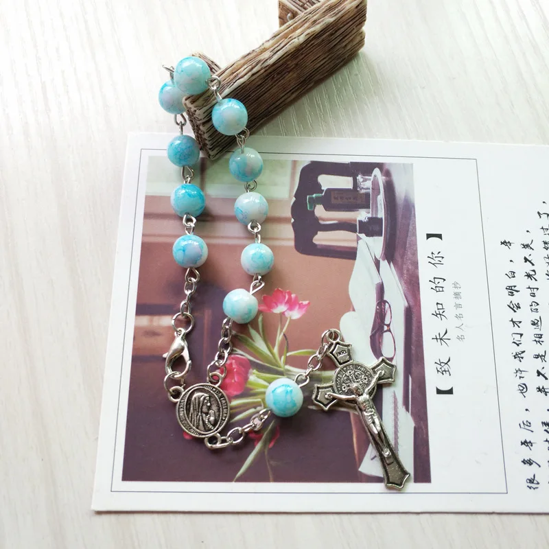 

New Fashion Glass Nlue Galss Round Beads Rpsary Bracelet With Alloy Chain Cross Pendant of Religious Jewelry For Men Or Women