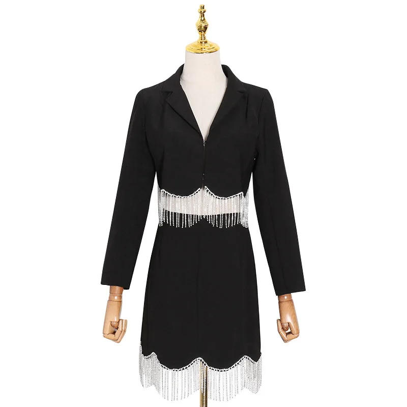 

New solid color tassel navel Outfits female temperament slim v-neck suit hip half skirt Outfits