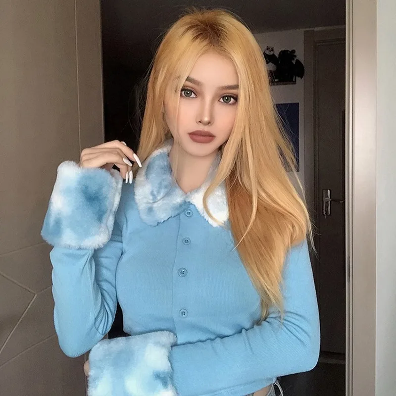 

2021 New Blue Plush Ribbed Knit Ladies Cardigan Cardigan Sweater Furry Collar Long Sleeve Slim Fall and Winter Women Knitwear