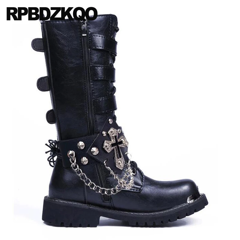 Мужские кожаные ботинки до середины икры черные военные в стиле панк с