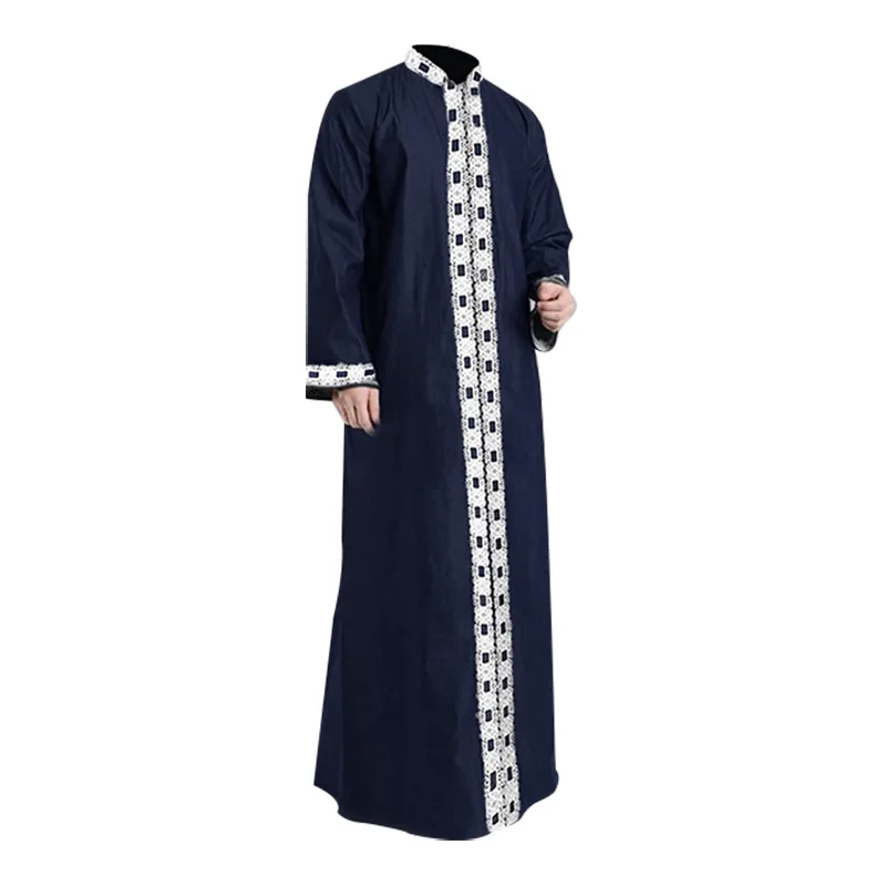 

Islamic Arabic Kaftan Men Muslim Lace Patchwork Long Sleeve V Neck Jubba Thobe Fashion Middle East Men Robes Plus Size