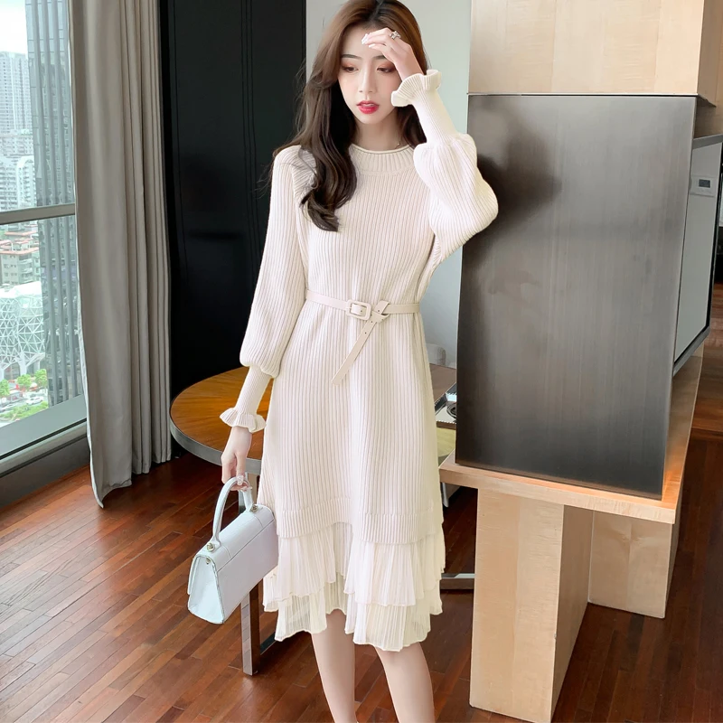 

Medium Length Sweater Dresses For Women 2021 Autumn Winter Mesh Hem Stitching Knitted Buttoned Vestidos De Mujer Casual