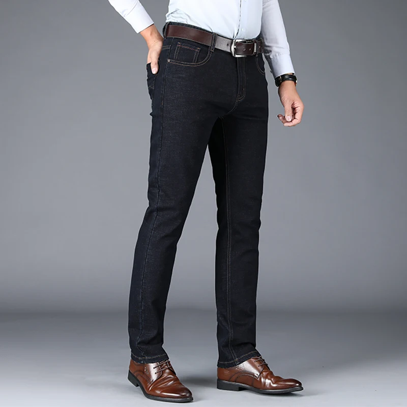 

TFETTERS New Denim Jeans for Men Solid Color Loose Thick Casual Straight Full Length Pant Business Work Baggy Jeans Men Clothing