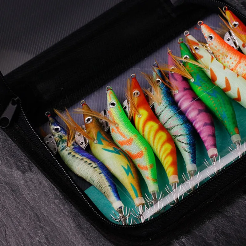 

10PCS/Box Luminous Squid Fishing Bait Hooks Wooden Shrimp Jigs Fishing Lures Hook 2.5# 3# 3.5# Artificial Bait with Layer Box