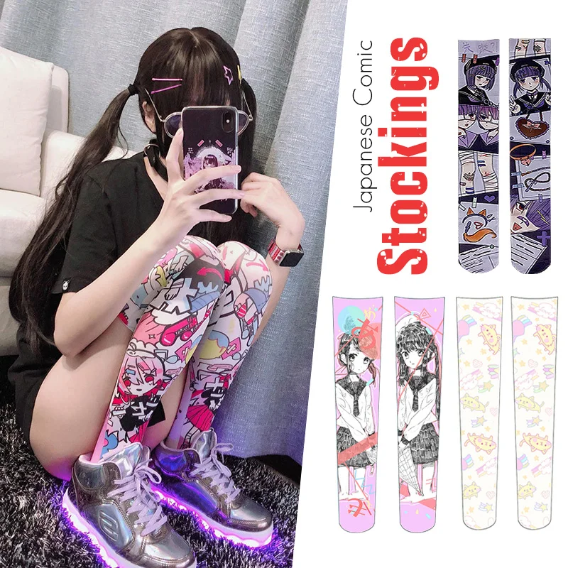 

Harajuku Anime Cosplay Printed Stockings Lolita Gothic Velvet Overknee Tights Socks Women Girls Long Knee Stockings Sexy Costume