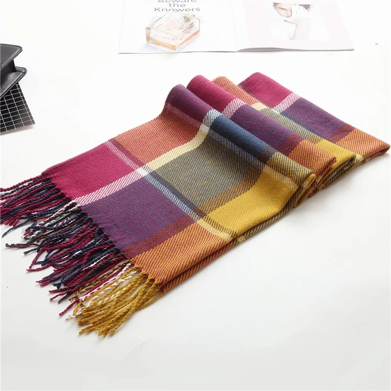 Женский клетчатый шарф зимний однотонный из искусственного кашемира двойного