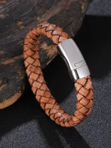 Precioso trenzada pulsera de cuero marrón oscuro con cierre de automáticos