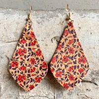 2021 new double sided cork leather geometric drop earrings bohemian vintage flower print pointed leather petal dangle earrings