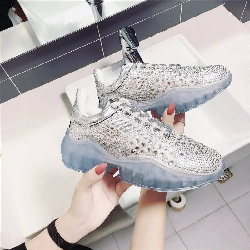 

Spring Women's Thick Sneakers Fashion Women's Muffin Shoes Bling Sequin Lace Vulcanized Shoes Lady Sneakers Dad