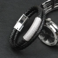 new cubic zircon stainless steel men genuine leather bracelet classic retro magnet clasp male bangle bracelets wristband jewelry