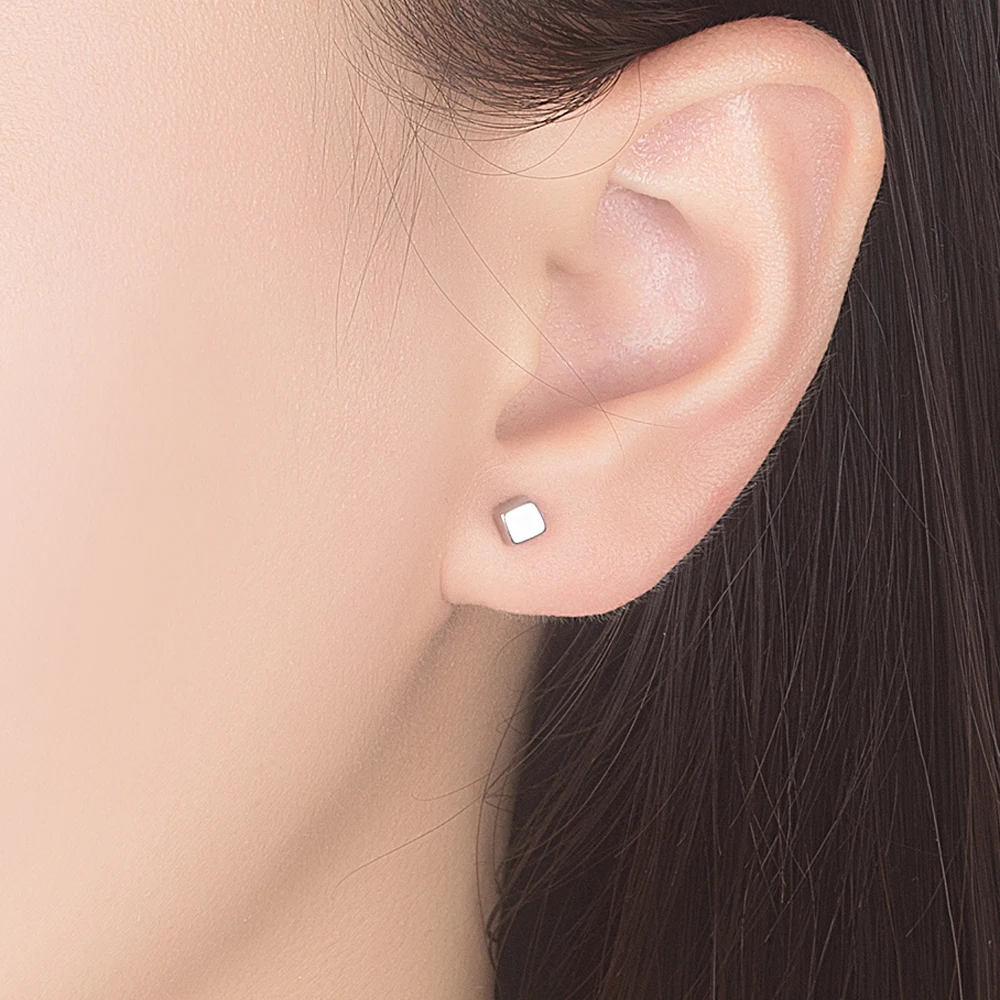 

Simple Female Pure 925 Silver Stud Earrings Square Design Solid Tremella 100% Silver No Allergies Fine Jewelry Birthday Gift
