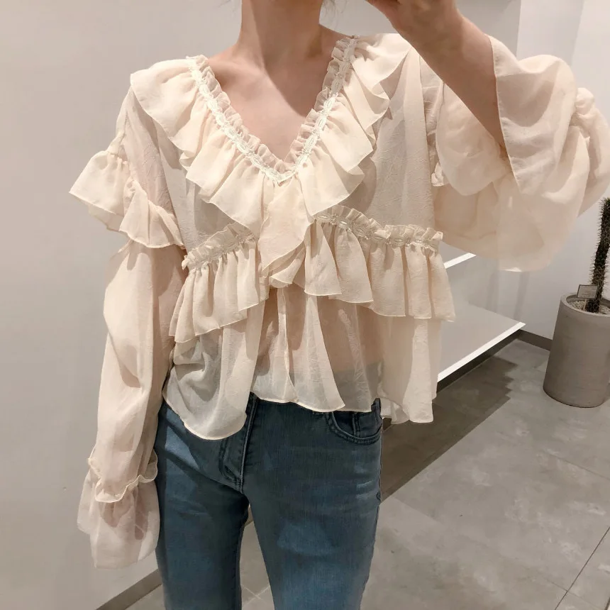 

V Neck Ruffles Patchwork Elegant Blouse Women Pullover Flare Long Sleeve Solid Blusas Spring 2021 New Slim Shirt Feminino
