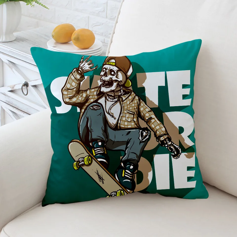 Наволочка в стиле ретро с изображением черепа скейтборда бабочки разноцветная