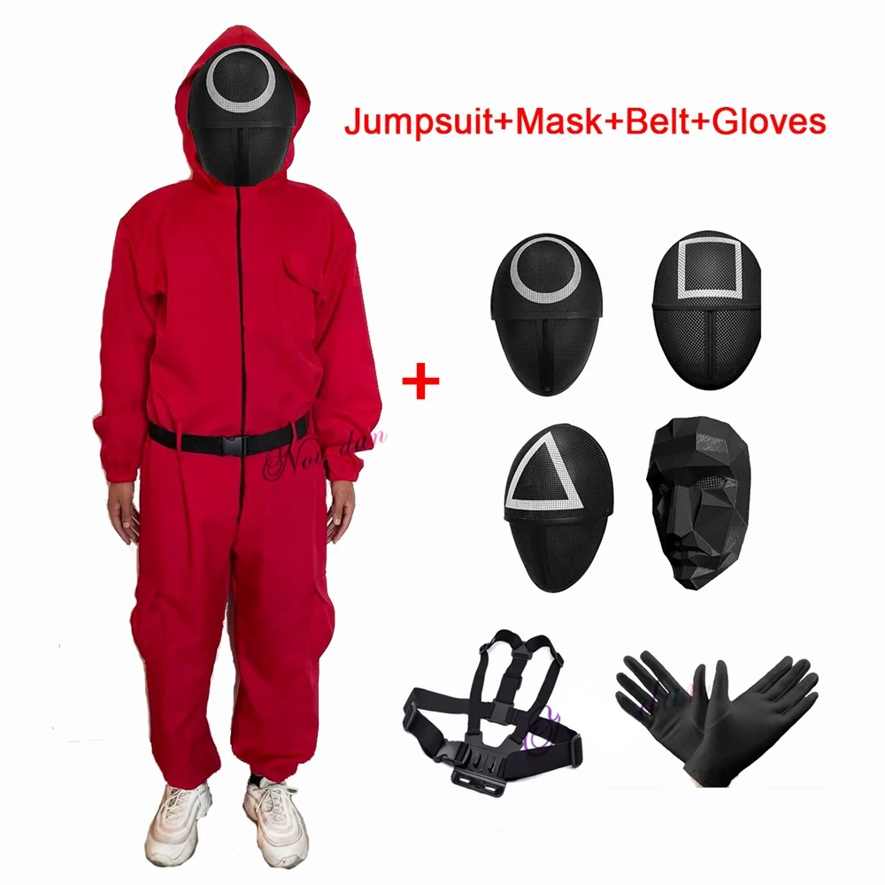 

New Squid Game Hot sale Villain Red Jumpsuit Cosplay Costume Halloween Party Round Six Mask Suit For Men Women Kids