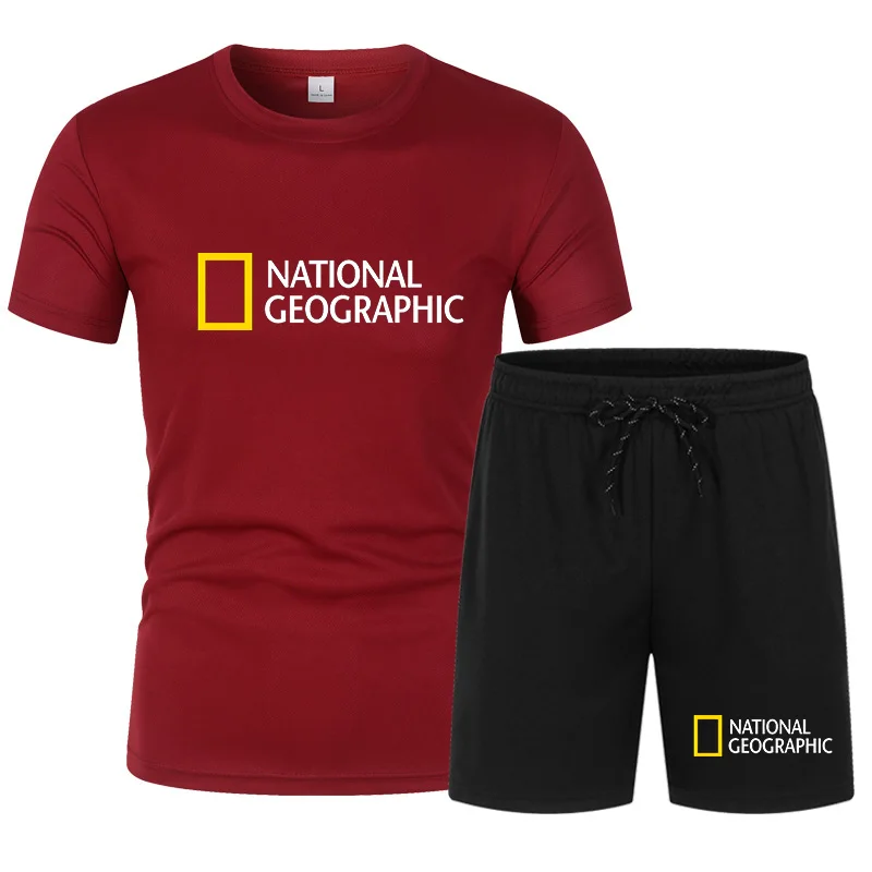 

New National Geographic logo color printing. Men's sportswear, two-piece suit, fitness uniform, short-sleeved T-shirt + shorts