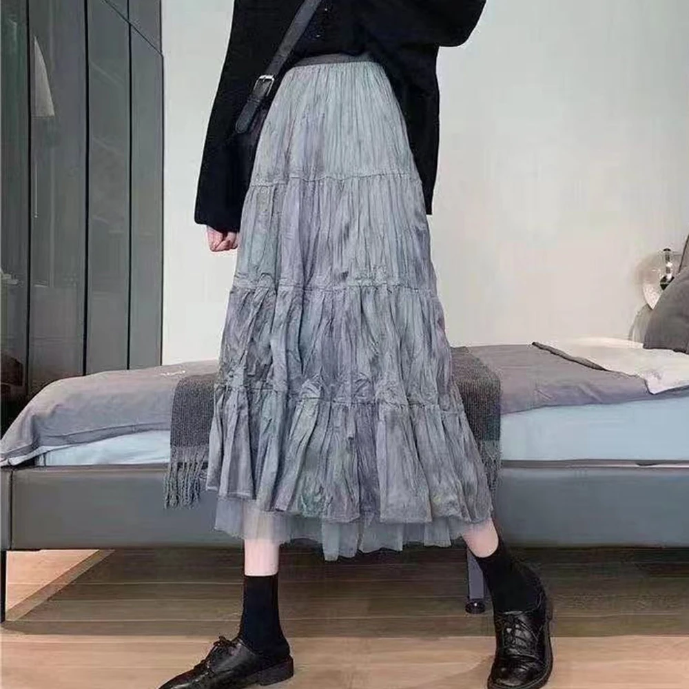 

Женская плиссированная юбка с высокой талией, Повседневная сетчатая трапециевидная юбка с золотым бархатным покрытием, Осень-зима 2021